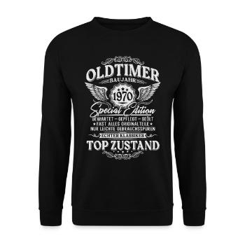 Oldtimer Baujahr 1970 Jahrgang Geburtstag Geschenk - Unisex Pullover - Schwarz - Vorne - Alina (178cm) & Michal (187cm)