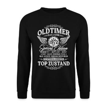 Oldtimer Baujahr 1972 Jahrgang Geburtstag Geschenk - Unisex Pullover - Schwarz - Vorne - Alina (178cm) & Michal (187cm)
