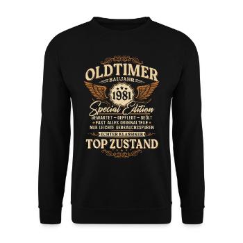 Oldtimer Baujahr 1981 Jahrgang Geburtstag Geschenk - Unisex Pullover - Schwarz - Vorne - Alina (178cm) & Michal (187cm)