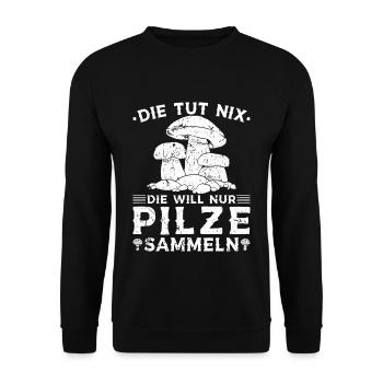 Lustiges Pilz Spruch Pilzsammlerin - Unisex Pullover - Schwarz - Vorne - Alina (178cm) & Michal (187cm)