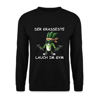 lustiger Lauch Bodybuilder im Gym für Kraftsport - Unisex Pullover - Schwarz - Vorne - Alina (178cm) & Michal (187cm)