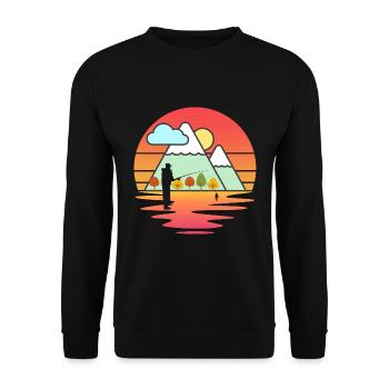 Retro Angler Angeln See und Berge Vintage Geschenk - Unisex Pullover - Schwarz - Vorne - Alina (178cm) & Michal (187cm)