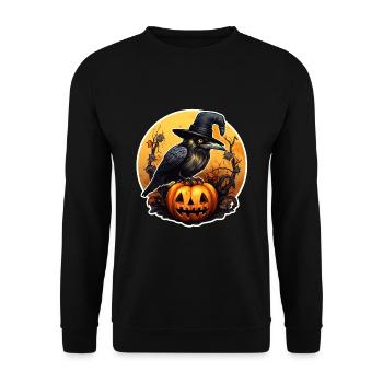 Halloween Rabe mit Hexenhut auf Kürbis - Unisex Pullover - Schwarz - Vorne - Alina (178cm) & Michal (187cm)