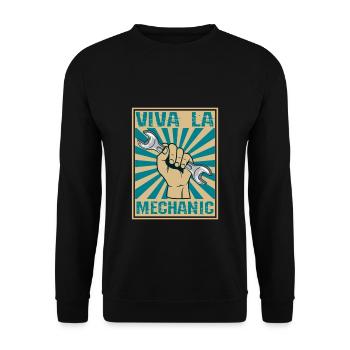 Viva La Mechanic Retro Holzschnittschlüssel - Unisex Pullover - Schwarz - Vorne - Alina (178cm) & Michal (187cm)