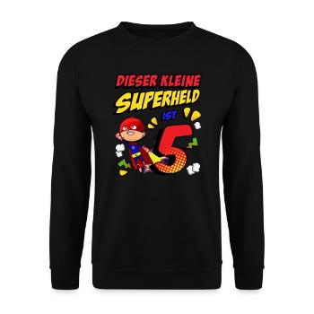 5. Geburtstag Junge Comic-Stil Kleine Superheld - Unisex Pullover - Schwarz - Vorne - Alina (178cm) & Michal (187cm)