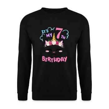 7. Geburtstag Mädchen Outfit Einhorn Katze - Unisex Pullover - Schwarz - Vorne - Alina (178cm) & Michal (187cm)