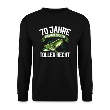70 Jahre und immer noch ein toller Hecht Angler - Unisex Pullover - Schwarz - Vorne - Alina (178cm) & Michal (187cm)