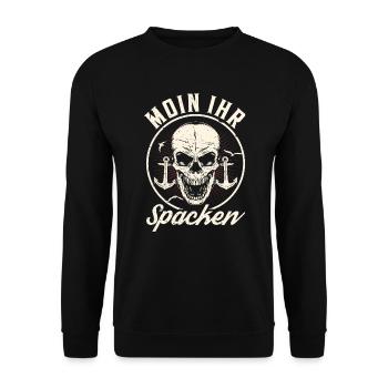 Moin ihr Spacken - Digga Spruch Meer Norddeutsch - Unisex Pullover - Schwarz - Vorne - Alina (178cm) & Michal (187cm)