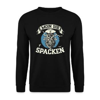 Moin ihr Spacken - Digga Spruch Meer Norddeutsch - Unisex Pullover - Schwarz - Vorne - Alina (178cm) & Michal (187cm)