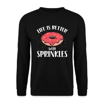 Das Leben Ist Besser Mit Sprinkles | Donut Lover - Unisex Pullover - Schwarz - Vorne - Alina (178cm) & Michal (187cm)