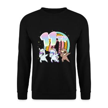 11. Geburtstag Dabbing Llama Einhorn Faultier | - Unisex Pullover - Schwarz - Vorne - Alina (178cm) & Michal (187cm)