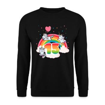 15th Birthday Rainbow Unicorn Theme - Unisex Sweatshirt - black - Front - Alina (178cm) & Michal (187cm)