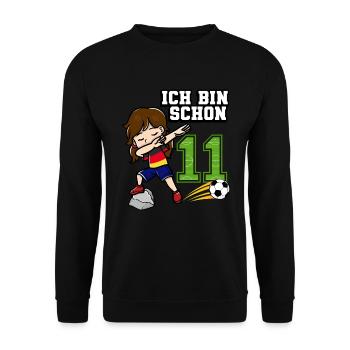 Fußball Mädchen Ich bin schon 11 Geburtstag - Unisex Pullover - Schwarz - Vorne - Alina (178cm) & Michal (187cm)