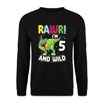 Dinosaurier 5 Jahre Alt 5. Geburtstag Party - Unisex Pullover - Schwarz - Vorne - Alina (178cm) & Michal (187cm)