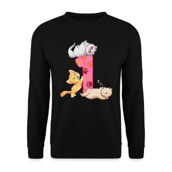 1. Geburtstag Kätzchen | Katze Geburtstag Shirt | - Unisex Pullover - Schwarz - Vorne - Alina (178cm) & Michal (187cm)