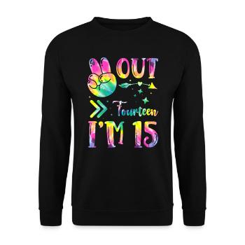 Peace Out Fourteen I'm 15 | Tie Dye Themed - Unisex Pullover - Schwarz - Vorne - Alina (178cm) & Michal (187cm)