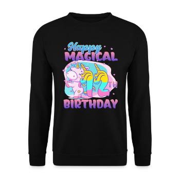 Happy Magical 12. Geburtstag Einhorn Pony - Unisex Pullover - Schwarz - Vorne - Alina (178cm) & Michal (187cm)