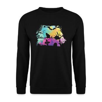 Hexe Katze Tiere Silhouette Halloween Gedenkpark - Unisex Pullover - Schwarz - Vorne - Alina (178cm) & Michal (187cm)