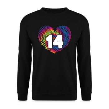 14. Geburtstag Herz Tie Dye | Tie Dye Themed - Unisex Pullover - Schwarz - Vorne - Alina (178cm) & Michal (187cm)