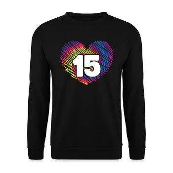 15. Geburtstag Herz Tie Dye | Tie Dye Themed - Unisex Pullover - Schwarz - Vorne - Alina (178cm) & Michal (187cm)