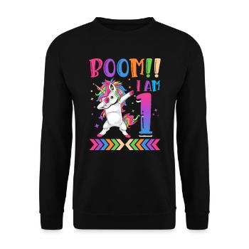 Boom!! I Am 1, Colorful Funny Unicorn 1. - Unisex Sweatshirt - black - Front - Alina (178cm) & Michal (187cm)