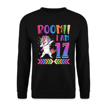 Boom!! Ich Bin 17, Buntes Lustiges Einhorn 17. - Unisex Pullover - Schwarz - Vorne - Alina (178cm) & Michal (187cm)