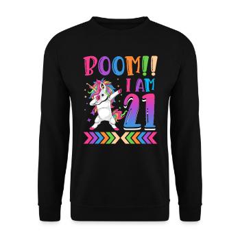 Boom!! Ich Bin 21, Buntes Lustiges Einhorn 21. - Sweat-shirt Unisexe - noir - Devant - Alina (178cm) & Michal (187cm)