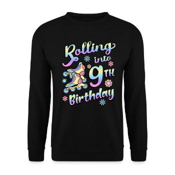 Rolling Into 9th Geburtstag Roller Skater Inline - Unisex Pullover - Schwarz - Vorne - Alina (178cm) & Michal (187cm)