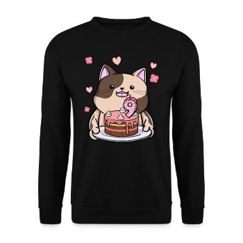 Le chat potelé garde un gâteau d’anniversaire 9 ans - Sweat-shirt Unisexe - noir - Devant - Alina (178cm) & Michal (187cm)