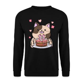 Un chat potelé tient un gâteau d’anniversaire 11. - Sweat-shirt Unisexe - noir - Devant - Alina (178cm) & Michal (187cm)