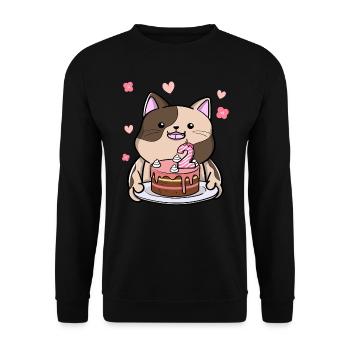 Mollige Katze Hält Eine Geburtstagstorte 2. - Unisex Pullover - Schwarz - Vorne - Alina (178cm) & Michal (187cm)