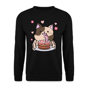 Un chat potelé tient un gâteau d’anniversaire 1ère année - Sweat-shirt Unisexe - noir - Devant - Alina (178cm) & Michal (187cm)
