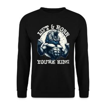 LIFT & ROAR: DU BIST KÖNIG, EIN BODYBUILDER-LÖWE - Unisex Pullover - Schwarz - Vorne - Alina (178cm) & Michal (187cm)