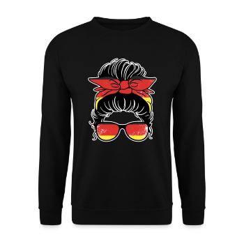 Messy Bun Fantastische deutsche Frau, gebürtige - Unisex Pullover - Schwarz - Vorne - Alina (178cm) & Michal (187cm)