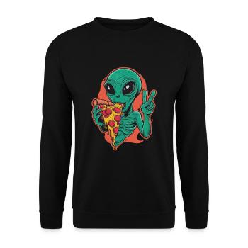 Außerirdischer Genießt Leckere Pizza - Unisex Pullover - Schwarz - Vorne - Alina (178cm) & Michal (187cm)