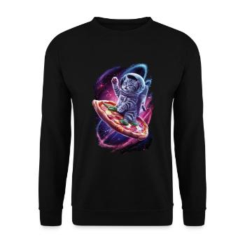 Space Cat with Pizza - Unique Motif - Unisex Sweatshirt - black - Front - Alina (178cm) & Michal (187cm)