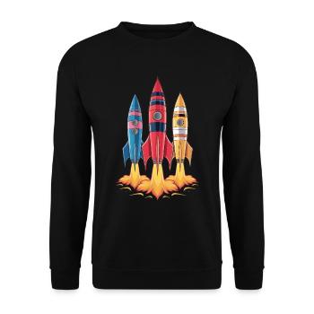 Farbenfrohe Raketen Start ins Abenteuer - Unisex Pullover - Schwarz - Vorne - Alina (178cm) & Michal (187cm)