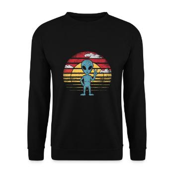 Außerirdischer Friedensgruß Retro Sonnenuntergang - Unisex Pullover - Schwarz - Vorne - Alina (178cm) & Michal (187cm)