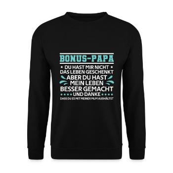 Bonus Papa Stiefvater Geschenk Pflegevater - Unisex Pullover - Schwarz - Vorne - Alina (178cm) & Michal (187cm)