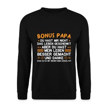 Bonus Papa Stiefvater Geschenk Pflegevater - Unisex Pullover - Schwarz - Vorne - Alina (178cm) & Michal (187cm)