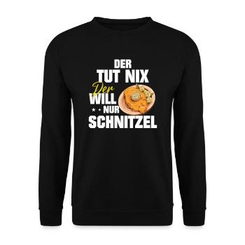 Schnitzel der tut nix der will nur Schnitzel essen - Unisex Pullover - Schwarz - Vorne - Alina (178cm) & Michal (187cm)