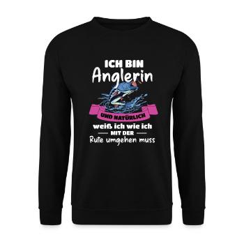 Angel Mädchen Anglerin Fischerin - Unisex Pullover - Schwarz - Vorne - Alina (178cm) & Michal (187cm)