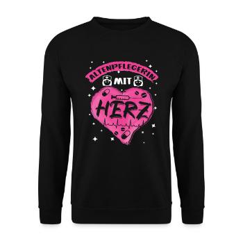 Altenpflegerin mit Herz Altenpflege Senioren - Unisex Pullover - Schwarz - Vorne - Alina (178cm) & Michal (187cm)