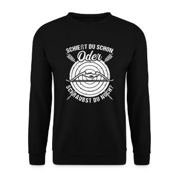 Bogenschütze Bogensport Schraubst du noch? - Unisex Pullover - Schwarz - Vorne - Alina (178cm) & Michal (187cm)