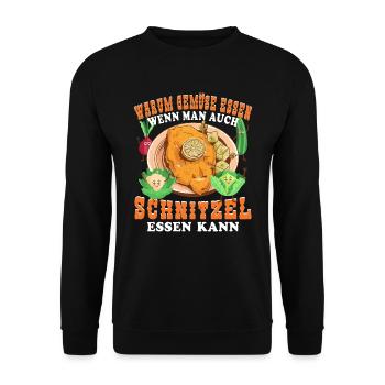 Schnitzel Warum Gemüse essen? - Unisex Pullover - Schwarz - Vorne - Alina (178cm) & Michal (187cm)