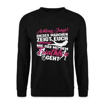 Triathlon Dieses Mädchen zeigt euch wie das geht - Unisex Pullover - Schwarz - Vorne - Alina (178cm) & Michal (187cm)