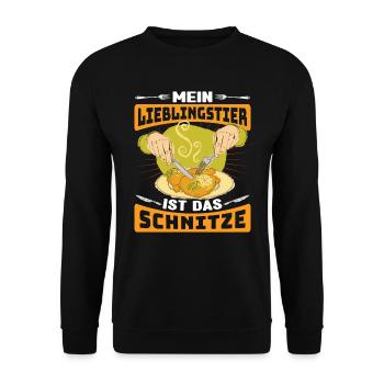 Schnitzel Mein Lieblingstier ist das Schnitzel - Unisex Pullover - Schwarz - Vorne - Alina (178cm) & Michal (187cm)
