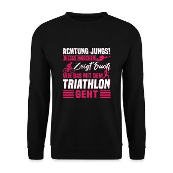 Triathlon Dieses Mädchen zeigt euch wie das geht - Unisex Pullover - Schwarz - Vorne - Alina (178cm) & Michal (187cm)