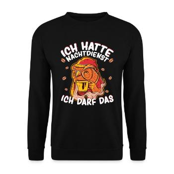 Eule Kaffee Ich hatte Nachtdienst ich darf das - Unisex Pullover - Schwarz - Vorne - Alina (178cm) & Michal (187cm)