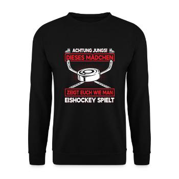 Eishockey Achtung Jungs - Unisex Pullover - Schwarz - Vorne - Alina (178cm) & Michal (187cm)